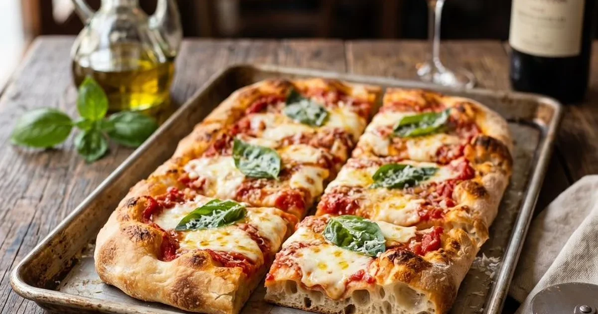 Pizza romana al teglia con base crujiente y interior alveolado