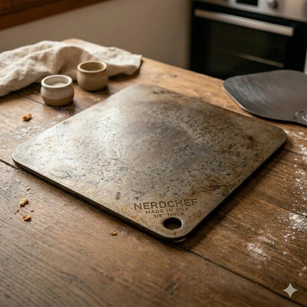 NerdChef Steel Stone baking steel acero para pizza 6mm sazonado en mesa de cocina