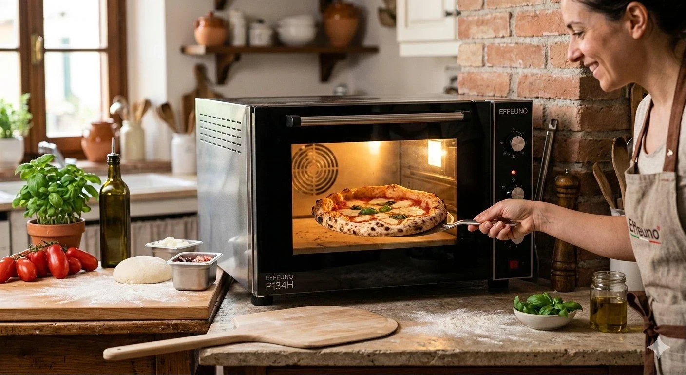 Effeuno P134H horno eléctrico pizza para interior — mujer extrayendo pizza napolitana con pala en cocina rústica
