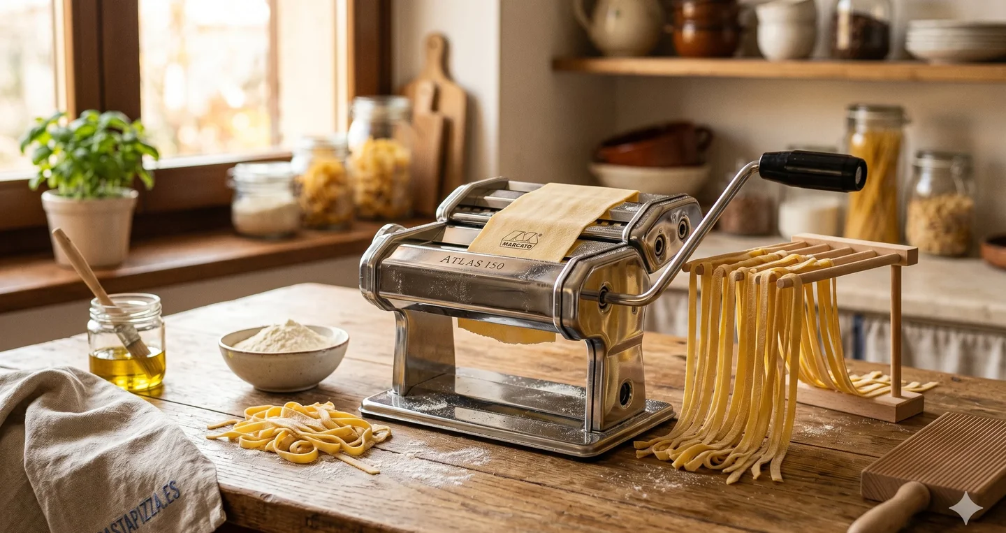 Mejor máquina para hacer pasta fresca 2026: Marcato Atlas 150 laminando tagliatelle en cocina italiana