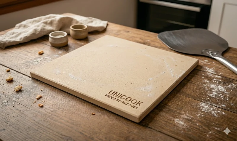 Unicook piedra refractaria cordierita para pizza y pan en mesa de madera con harina