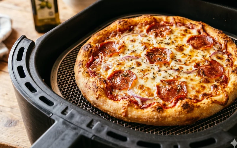 Pizza crujiente en freidora de aire air fryer con base dorada y queso fundido