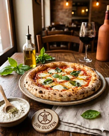 Pizza sin gluten casera con base crujiente, mozzarella y albahaca. Apta para celíacos.