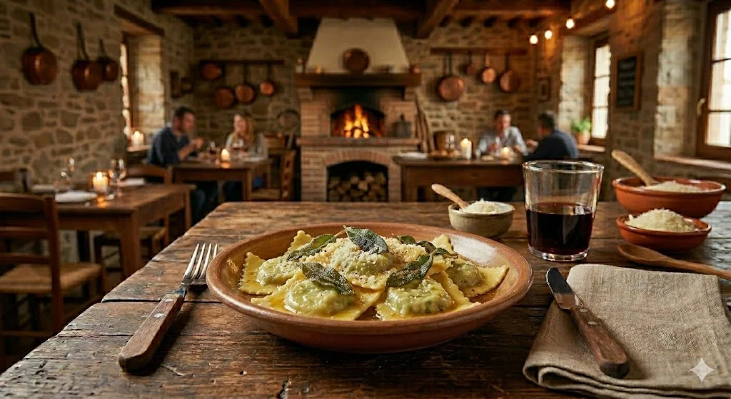 Pasta fresca rellena de ricotta y espinacas con mantequilla y salvia
