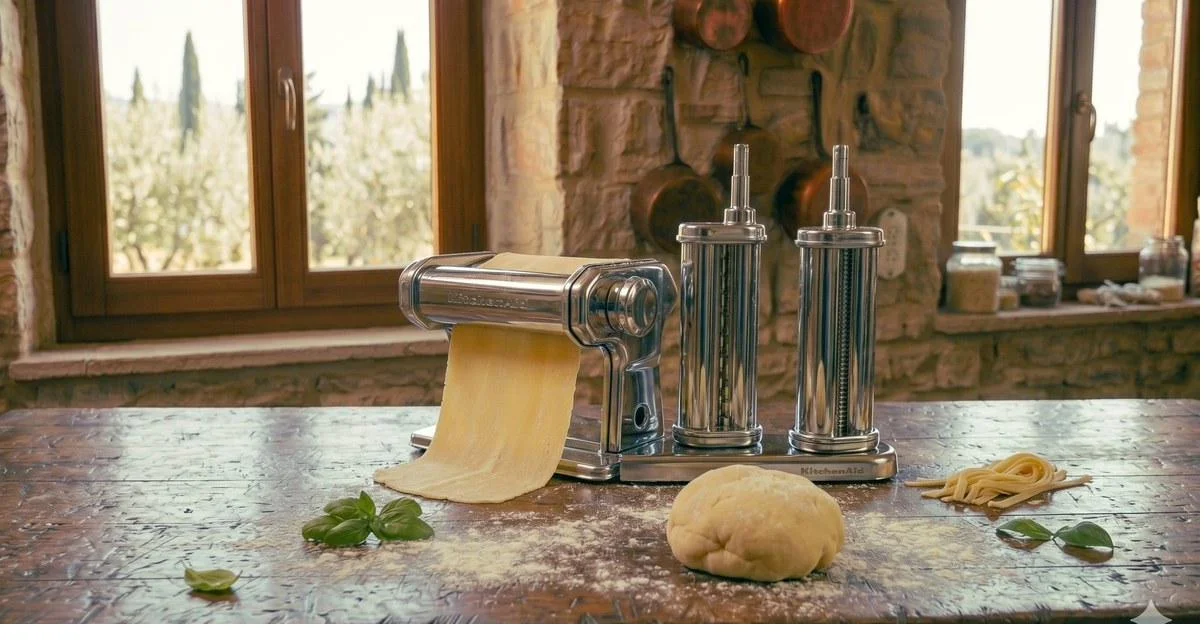 Accesorio pasta KitchenAid laminando sfoglia fresca en cocina italiana