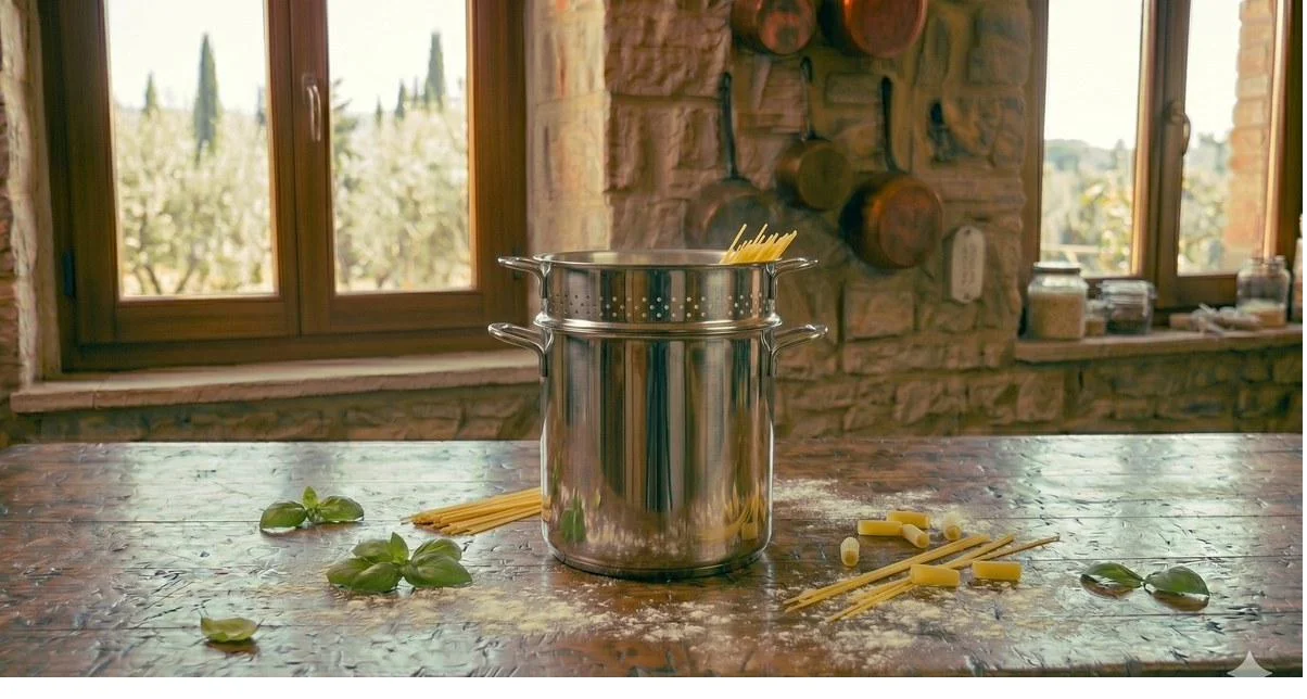 Olla alta de acero inoxidable con escurridor integrado para cocer pasta, cocina italiana rústica