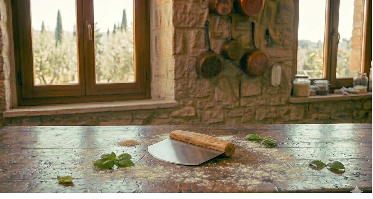 Rasqueta de panadero tarocco de acero con mango de madera en tabla con harina