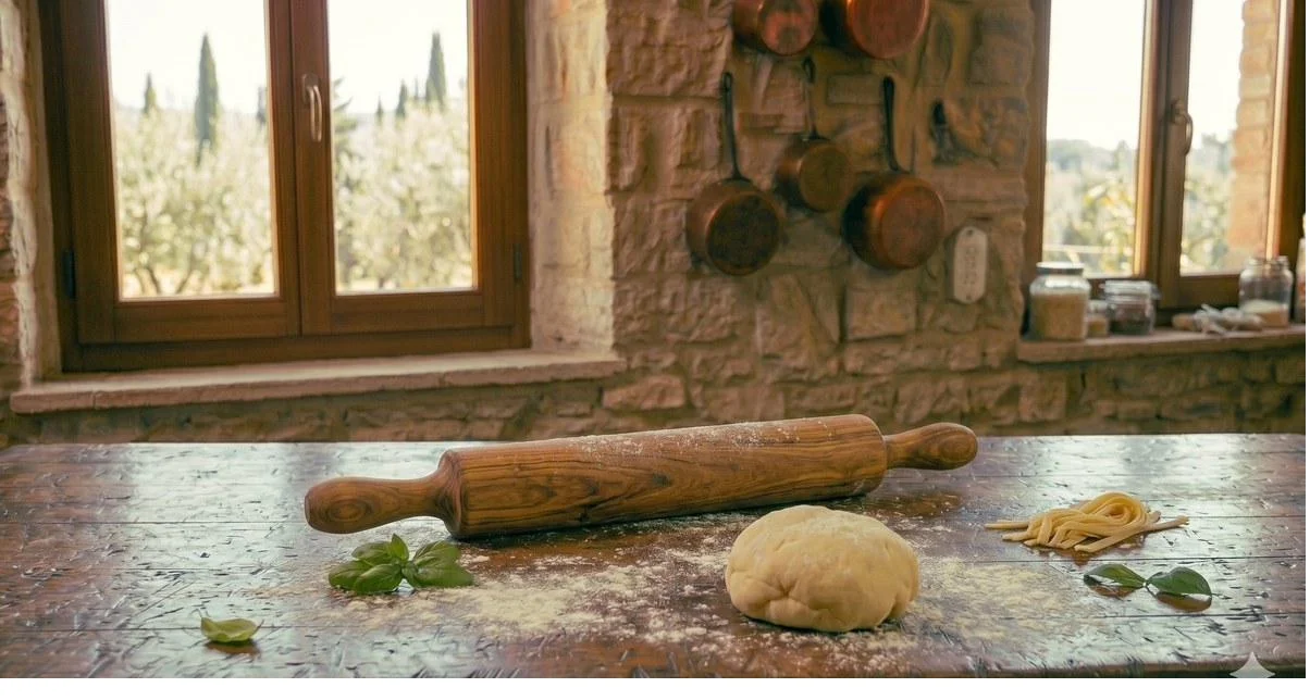 Rodillo mattarello de madera con bola de masa de pasta fresca en tabla rústica italiana