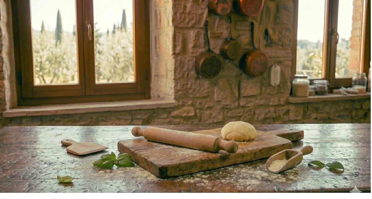 Tabla de madera tagliere grande con rodillo y masa de pasta fresca en cocina toscana